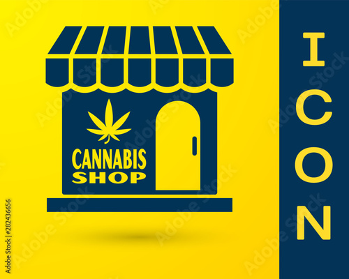 Blue Marijuana and cannabis store icon isolated on yellow background. Equipment and accessories for smoking, storing medical cannabis. Vector Illustration