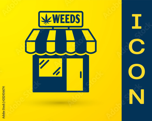 Blue Marijuana and cannabis store icon isolated on yellow background. Equipment and accessories for smoking, storing medical cannabis. Vector Illustration