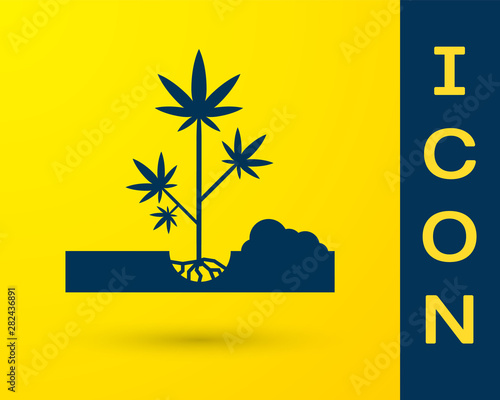 Blue Planting marijuana or cannabis plant in the ground icon isolated on yellow background. Marijuana growing concept. Hemp symbol. Vector Illustration