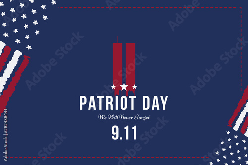 Patriot Day september 11. 2001 We will never forget. Font inscription with USA flag and city silhouette on a background. Banner to the day of memory of the American people. Flat element EPS 10