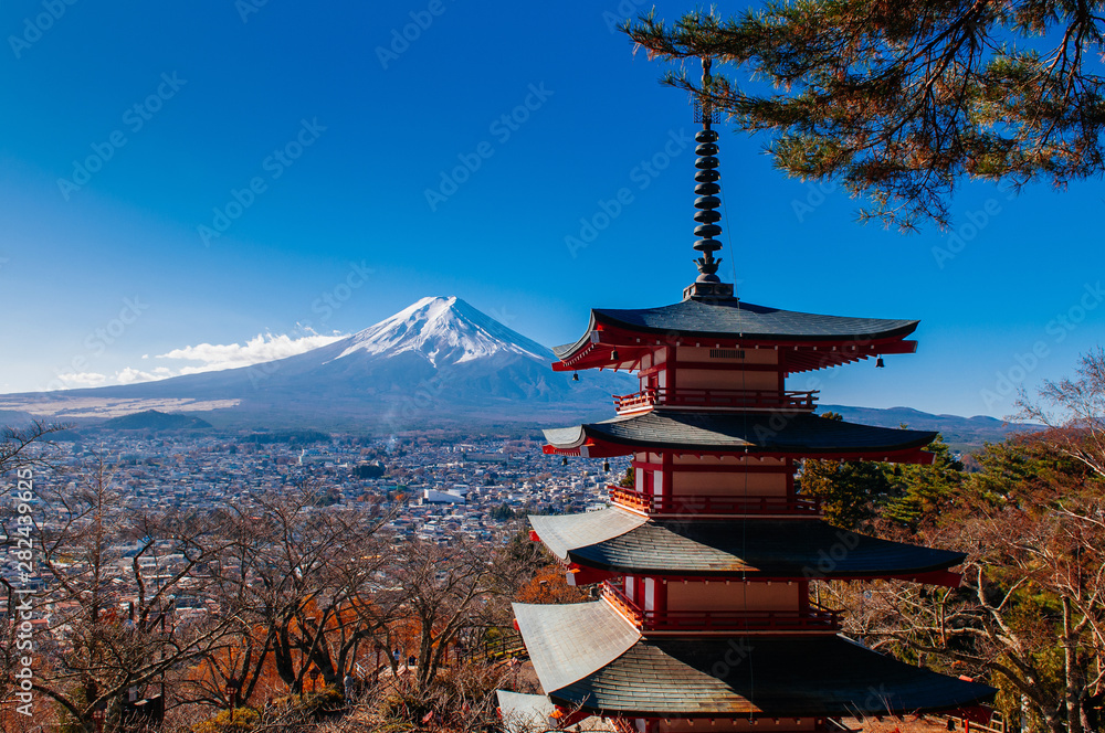 Red Chureito Pagoda and Snow covered Mount Fuji blue sky in autumn. Shimoyoshida - Fujiyoshida
