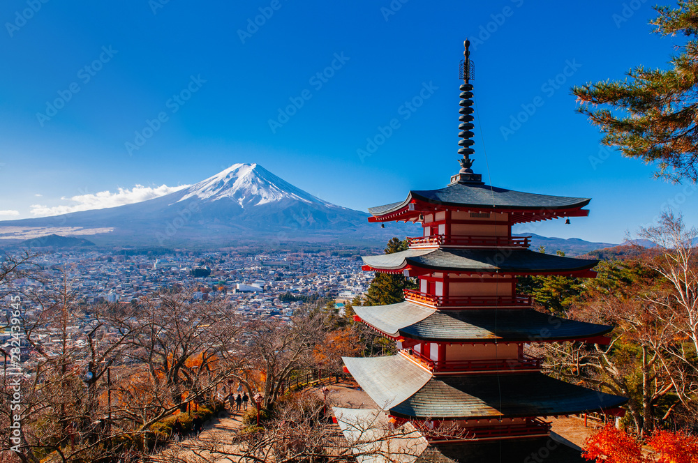 Red Chureito Pagoda and Snow covered Mount Fuji blue sky in autumn. Shimoyoshida - Fujiyoshida