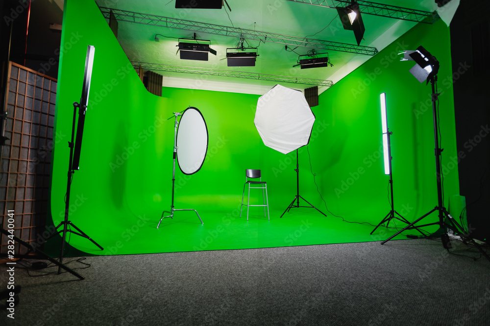 Interior of Modern Film Chroma Key Studio with Green Screen and Light  Equipment Stock Photo | Adobe Stock