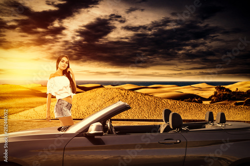 Slim young woman and summer car 