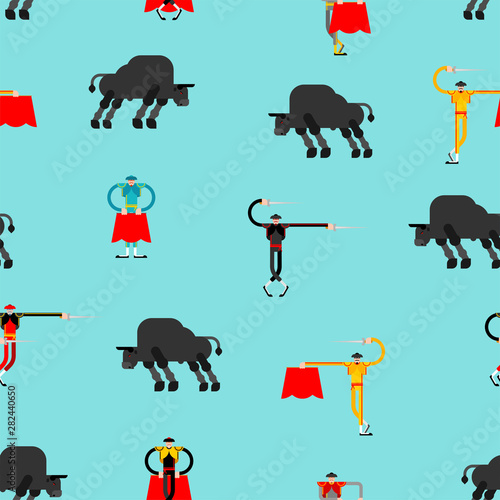 Bullfight pattern seamless. Matador and bull background. Bullfighter and ox. vector ornament