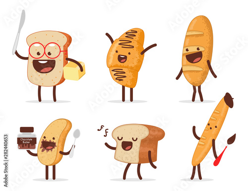 Cute bread characters vector cartoon set isolated on a white background.