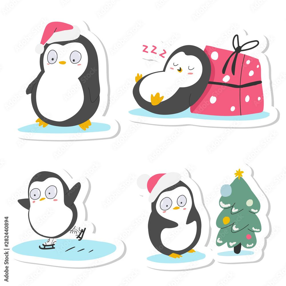 Naklejka premium Cute Christmas penguins vector cartoon sticker set isolated on a white background.