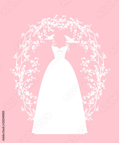 elegant white wedding dress held by pair of swallow birds among sakura blossom branches - bridal fashion vector design