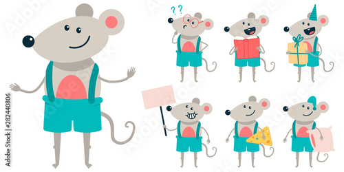 Cute mouse vector cartoon characters set isolated on a white background.