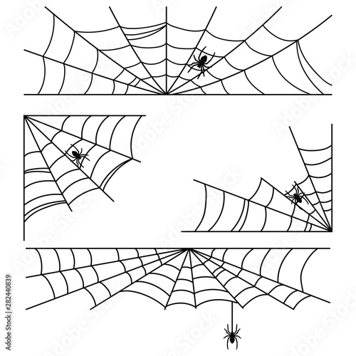 Halloween cobweb with spider vector frames and corners set isolated on a white background.