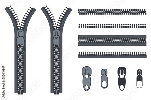 Zippers, fasteners and clasps vector cartoon elements set isolated on a white background.