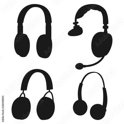 Headphones black silhouettes vector set isolated on white background.