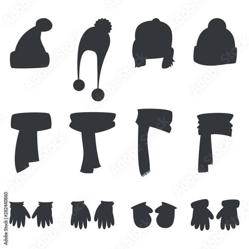 Winter scarf, hats, gloves and mittens black silhouettes vector set isolated on a white background.