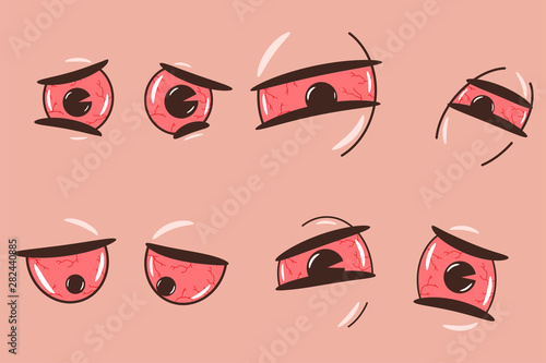 Drunk, weed, tired and sleepy cartoon eyes vector set isolated on background.