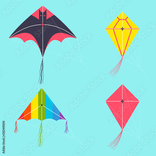 Kites vector cartoon set isolated on background.