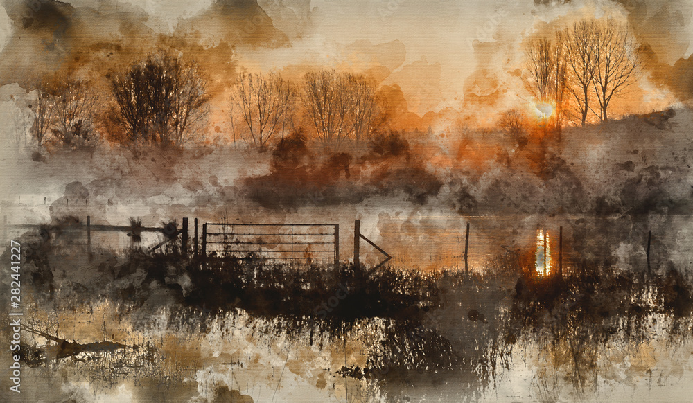 Digital watercolour painting of Landscape of lake in mist with sun glow at sunrise