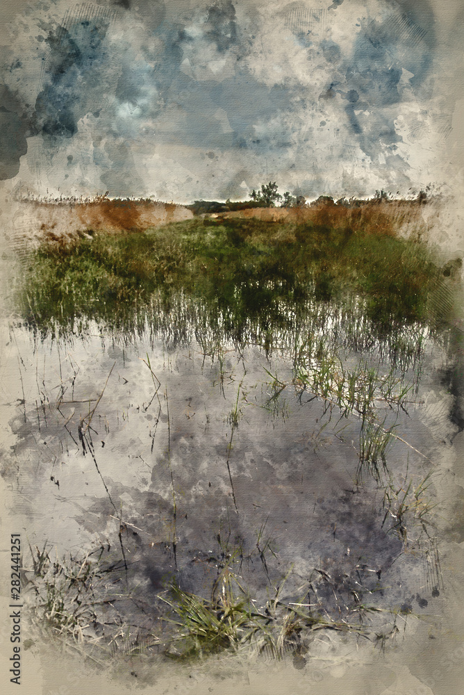 SDigital watercolour painting of tormy sky landscape over wetlands in countryside SDigital watercolour painting of tormy sky landscape over wetlands in countryside