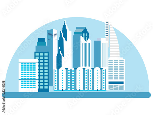 City  high rise buildings  streets. View of the attraction  logo. In minimalist style. Cartoon flat vector