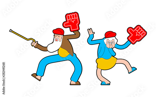 Pensioner fan with foam arm. Grandfather and grandmother Fanatic isolated vector illustration