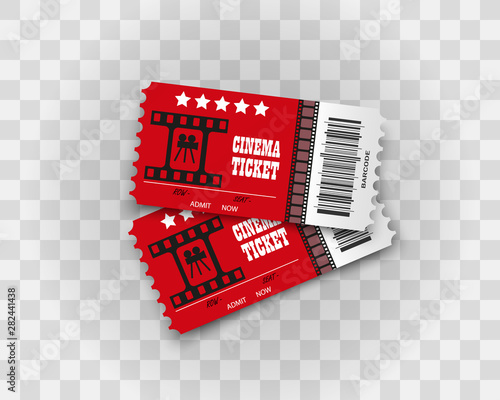 Vector cinema tickets isolated on transparent background. Realistic cinema entrance ticket.
