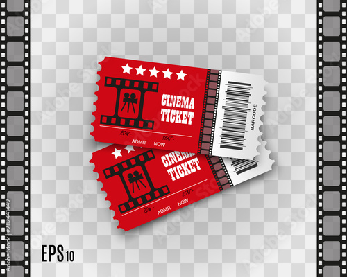 Vector cinema tickets isolated on transparent background. Realistic cinema entrance ticket.