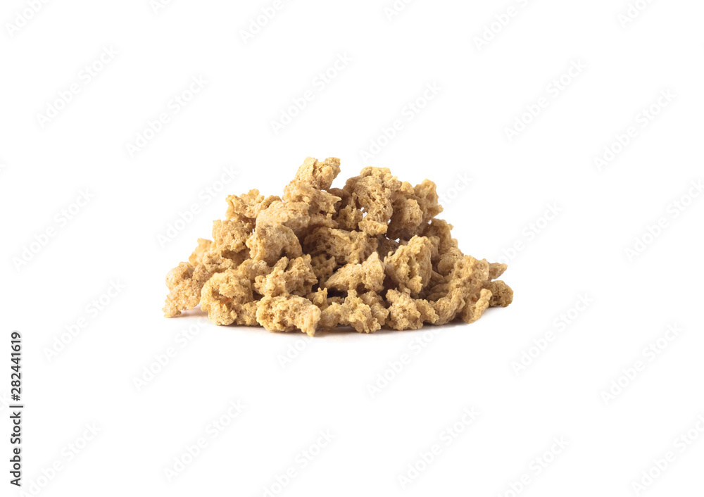 Side view of textured vegetable protein or soy meat chunks heap isolated on white background Side view of textured vegetable protein or soy meat chunks heap isolated on white background