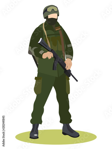 Military service, soldier in uniform, special forces camouflage. In minimalist style. Cartoon flat vector