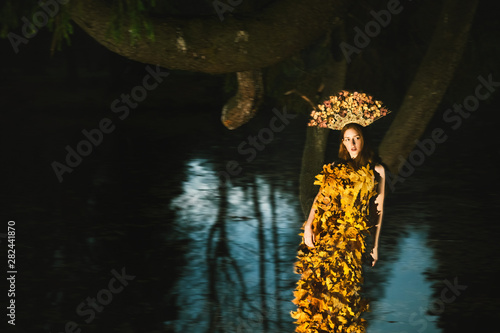 Fashion Autumn model, Fall Leaves Dress, Beauty Girl in kokoshniks photo