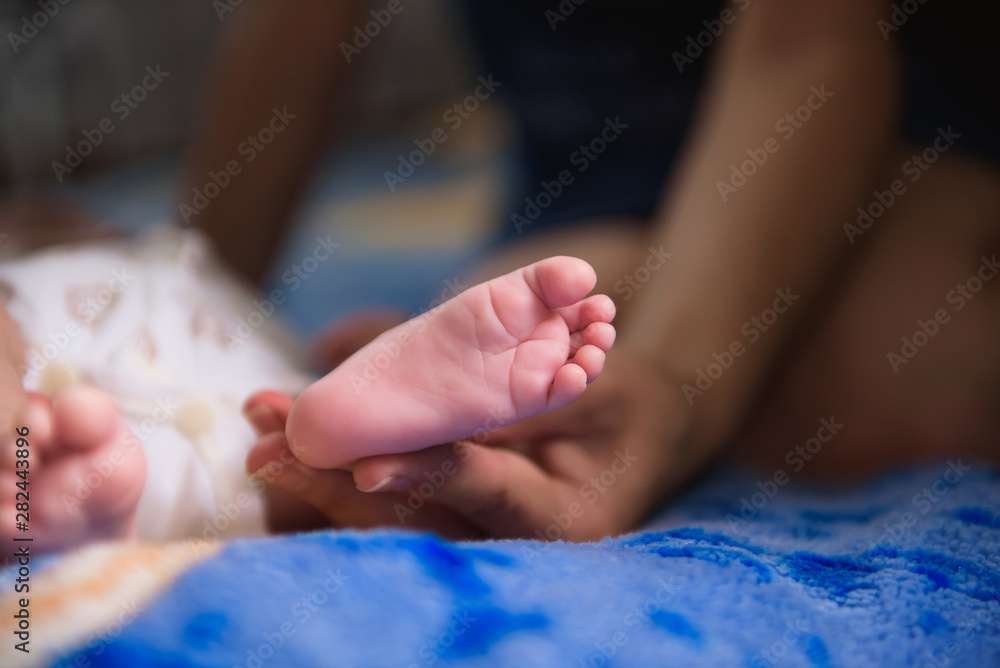 Baby feet in parent hands. Newborn baby feet Baby feet in parent hands. Newborn baby feet