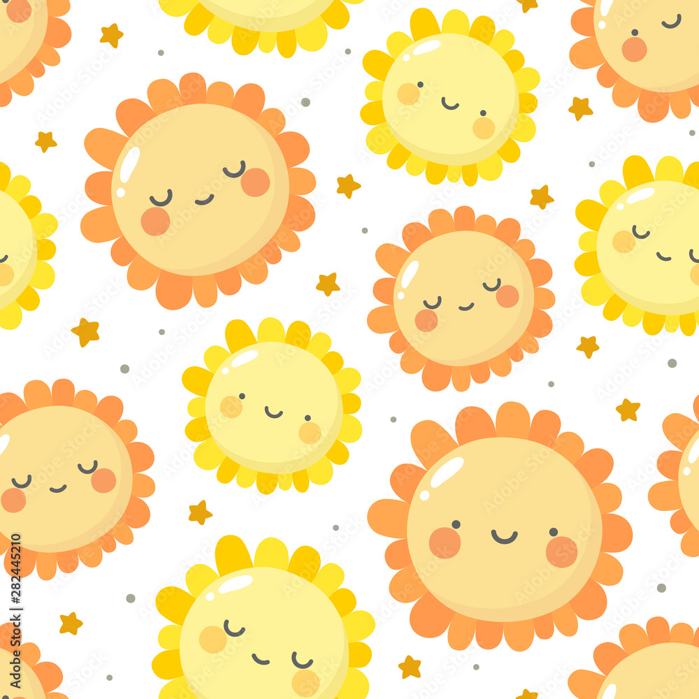 Flowers cute pattern, smile flower face cartoon seamless background, vector illustration Flowers cute pattern, smile flower face cartoon seamless background, vector illustration