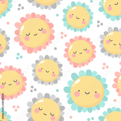 Flowers cute pattern, smile flower face cartoon seamless background, vector illustration