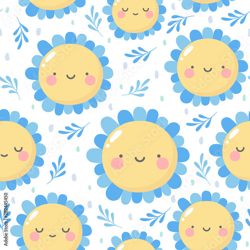 Flowers cute pattern, smile flower face cartoon seamless background, vector illustration