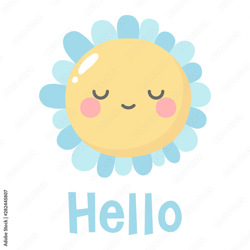 Fototapeta premium Flowers cute pattern, smile flower face cartoon background with text, vector illustration