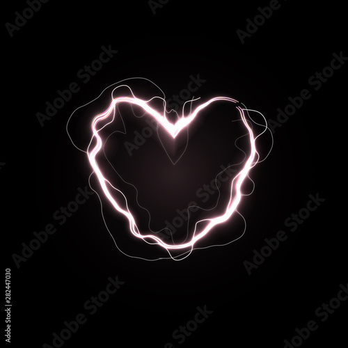 Shining heart  love power symbol. Electric line in heart shape. Unusual Valentines Day card with lightning bolt heart. Isolated vector illustration on black background.