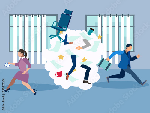 Office brawl, scandal, employees flee from the place of negativity. In minimalist style. Cartoon flat vector