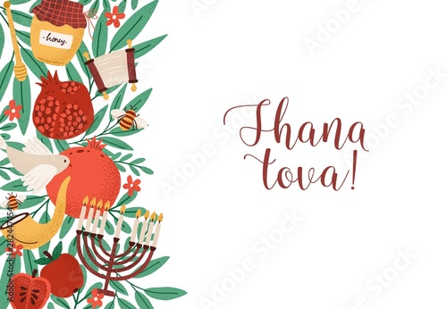 Rosh Hashanah horizontal backdrop with Shana Tova phrase decorated by menorah, shofar horn, honey, apples at left edge. Flat cartoon vector illustration for Jewish religious holiday celebration.