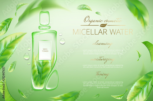 Original advertising poster design with water drops and liquid packaging silhouette for catalog, magazine. Cosmetic package.Moisturizing toner, micellar water with green tea extract