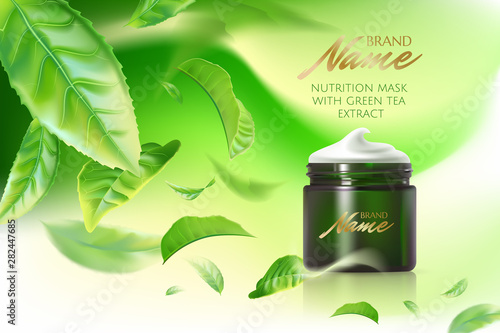 Advertising poster for cosmetic product for catalog, magazine. Vector design of cosmetic package.Moisturizing cream, gel, body lotion with green tea extract . Vector illustration with isolated objects