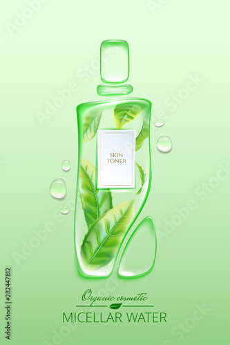 Original advertising poster design with water drops and liquid packaging silhouette for catalog, magazine. Cosmetic package.Moisturizing toner, micellar water with green tea extract