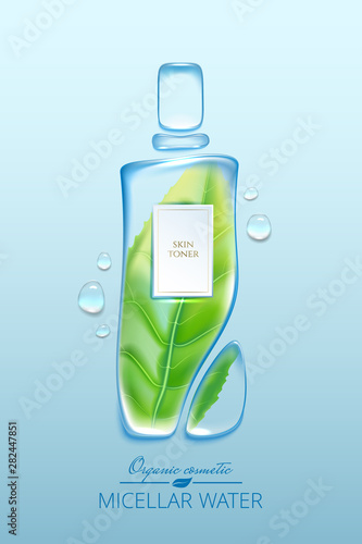 Original advertising poster design with water drops and liquid packaging silhouette for catalog, magazine. Cosmetic package.Moisturizing toner, micellar water with green tea extract