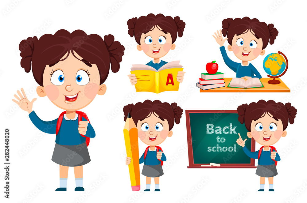 Back to school, set of five poses. Cute girl Back to school, set of five poses. Cute girl