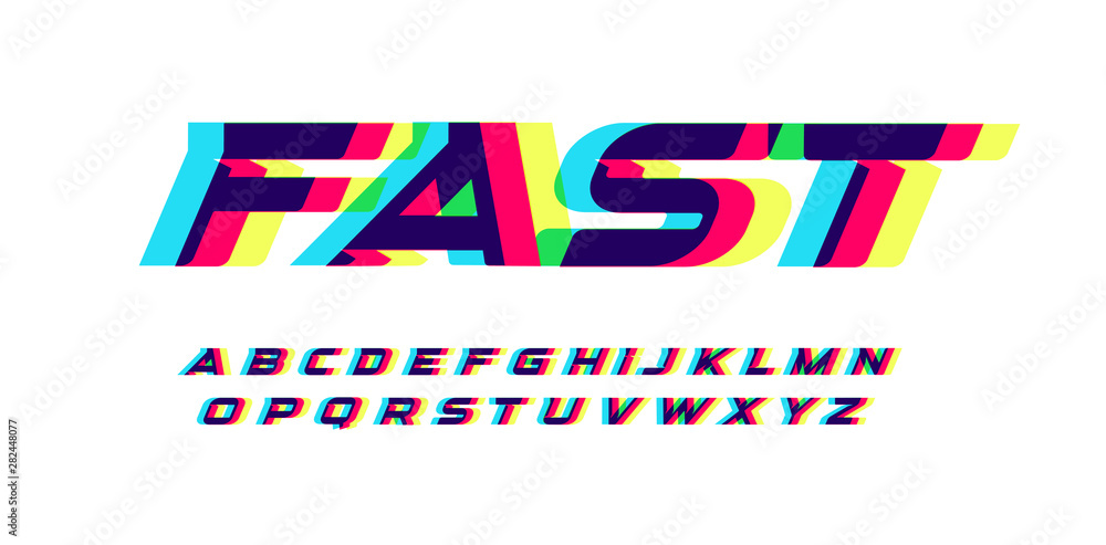 Overprint letters and numbers set. Glowing red blue yellow spectrum effect style vector latin alphabet. Font for cyber sport, racing, automotive, logo and poster design. Typography design.