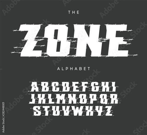 Exclusion zone letters and numbers set. Bold cutted style vector latin alphabet. Font for events, promotions, logos, banner, monogram and poster. Typography design.