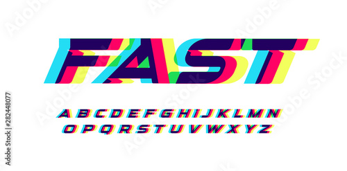 Overprint letters and numbers set. Glowing red blue yellow spectrum effect style vector latin alphabet. Font for cyber sport, racing, automotive, logo and poster design. Typography design.