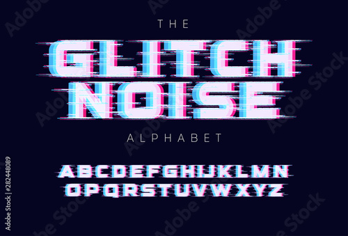 Screen glitches letters set. No signal or bad signal for vector alphabet. Led screen rgb error effect for font. Typography design.