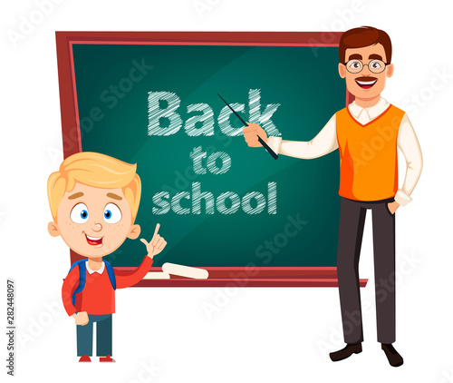Teacher man cartoon character and cute schoolboy