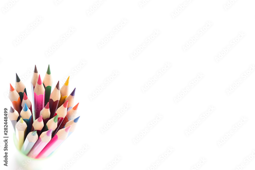 Set of school color pencils isolated on white background. Top view, flat lay composition, frame, layout. Copy space for text or design. Set of school color pencils isolated on white background. Top view, flat lay composition, frame, layout. Copy space for text or design.