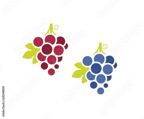 Red grapes and blue grapes. Icon set. Fresh fruit with leaves on white background