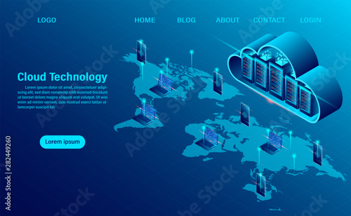 Cloud Computing Concept. Online computing technology. Big data flow processing concept, 3d servers and datacenter. isometric flat design. Vector illustration.