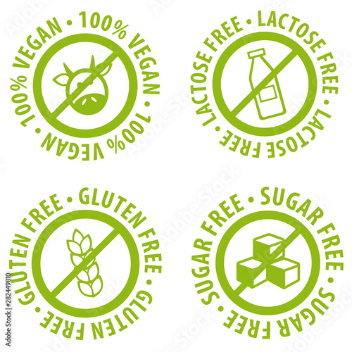 Set of Allergen free Badges. Lactose free, Gluten free, Sugar free, 100% Vegan. Vector hand drawn Signs. Can be used for packaging Design.